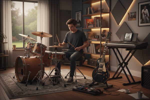 a single student practicing musical instruments in a room with keyboard, guitar and drums